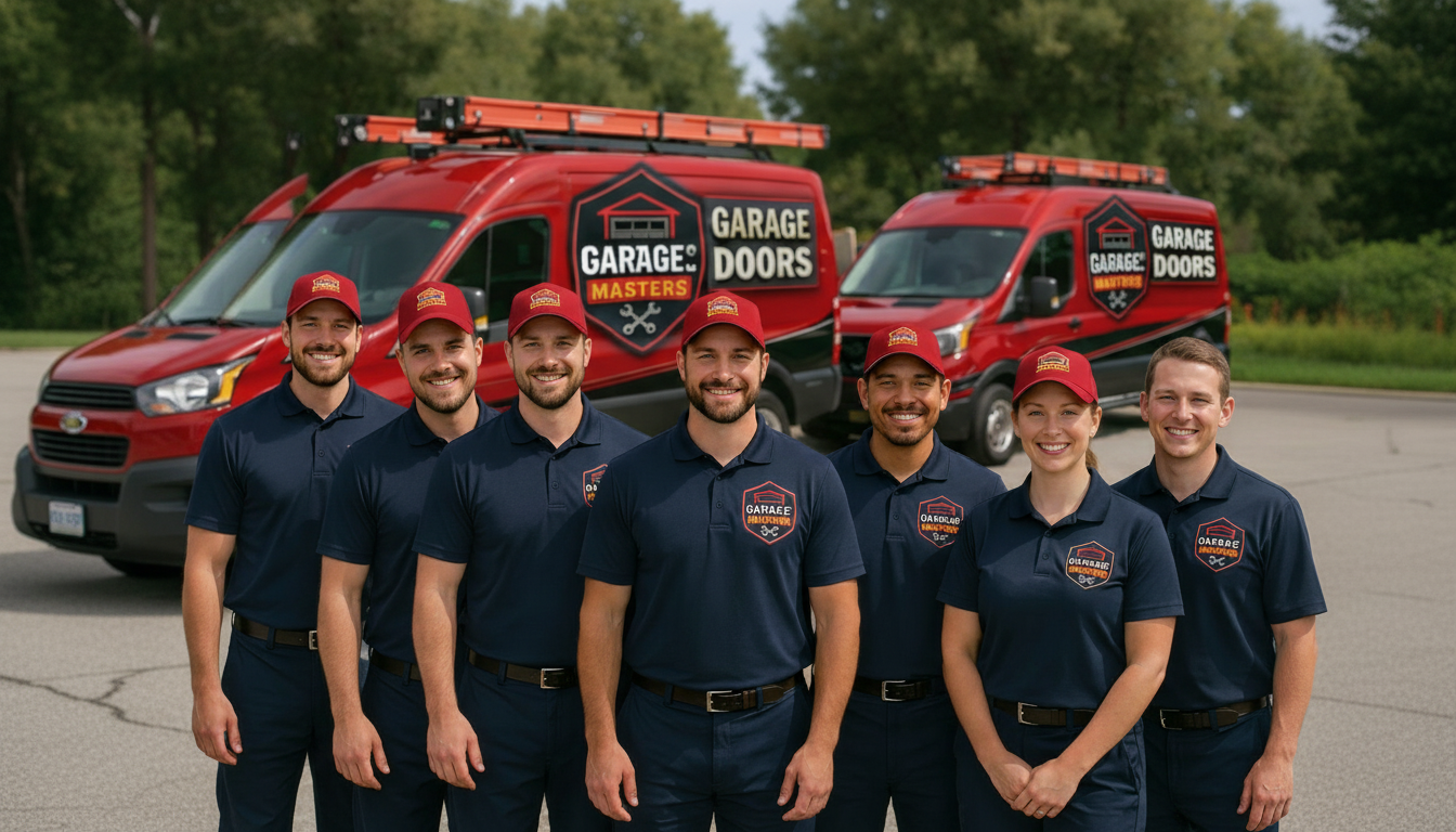 Bob's Garage Doors professional team standing in front of service vans